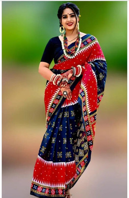 Sumit Textiles Digital Print Sambalpuri Cotton Blend Saree(Red, Blue)