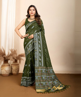 Satrani Woven, Embellished Patola Silk Blend Saree(Green)
