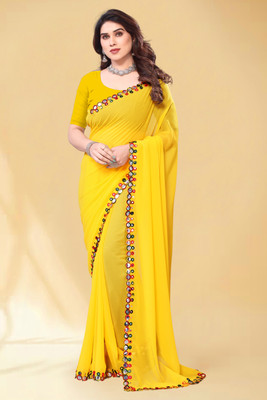 Herink Fashion Solid/Plain Bollywood Georgette Saree(Yellow)