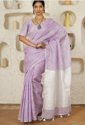 govind handloom Self Design Handloom Linen Saree(Purple)