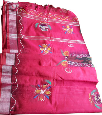 SNEHODAY Creations Applique Murshidabad Cotton Blend, Art Silk Saree(Magenta, Multicolor, Pink)