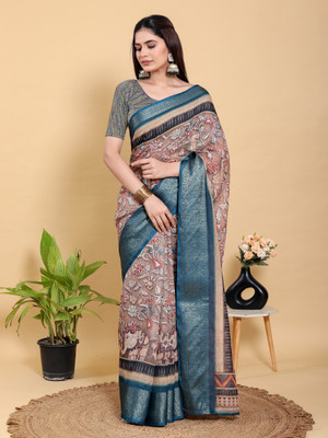 PK SAREES Printed Kalamkari Linen Saree(Multicolor)