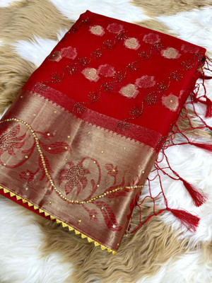 Divastri Embellished Banarasi Organza Saree(Red)