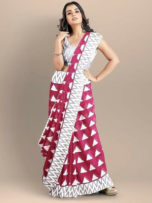 hastshilpi Printed, Color Block, Blocked Printed, Dyed, Floral Print Daily Wear Pure Cotton Saree(Pink)