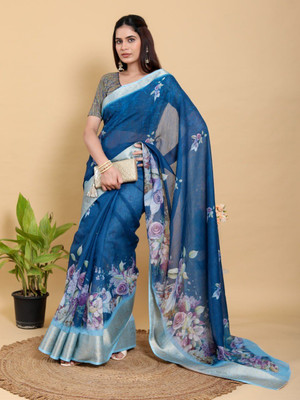 Laxmi Fashion Printed, Floral Print Kalamkari Jacquard, Cotton Silk Saree(Blue, Light Blue, Multicolor)