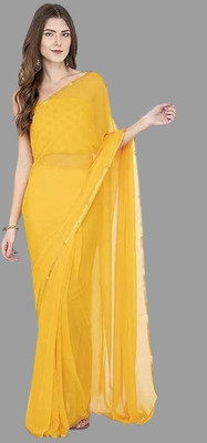 Swarne Solid/Plain Bollywood Chiffon Saree(Yellow)