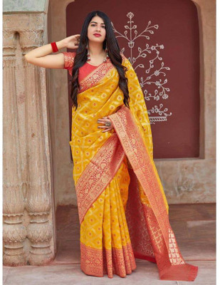 VM Selling Hub Self Design, Woven Banarasi Silk Blend Saree(Yellow)