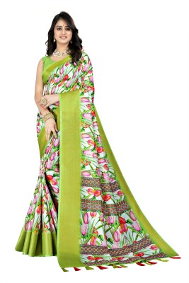 J6 Designers Floral Print Bollywood Cotton Silk Saree(Green)