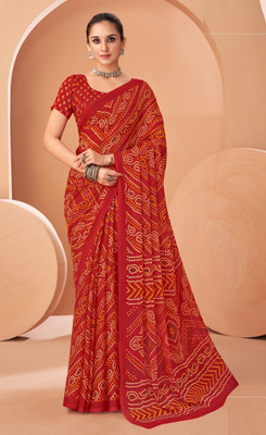 The Fashion Attire Geometric Print Bandhani Chiffon Saree(Red)