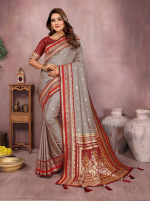 Tasrika Embroidered Kalamkari Pure Silk Saree(Grey)