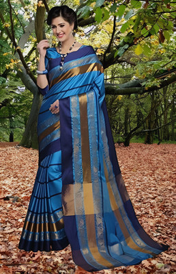 Vishal Creations Woven Kanjivaram Cotton Silk Saree(Light Blue)