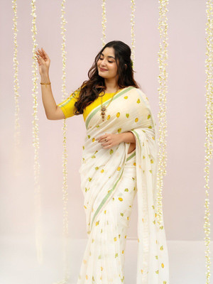 Laxmi Fashion Printed, Floral Print Assam Silk Jacquard, Cotton Silk Saree(Yellow, White)