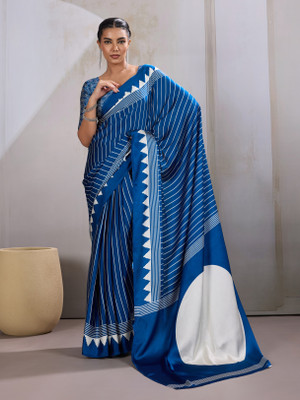 SARETRA MALL Printed, Geometric Print Bollywood Satin Saree(Blue)