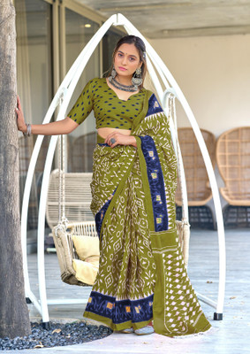 JASU CREATION Printed Handloom Pure Cotton Saree(Green)