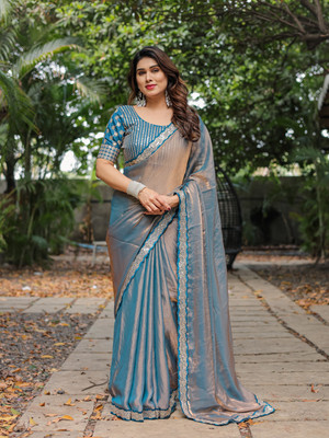 Tasrika Embroidered, Embellished Bollywood Organza, Chiffon Saree(Blue, Beige)