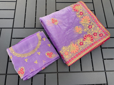 MIYANIFAB Embroidered Bollywood Chiffon Saree(Purple)