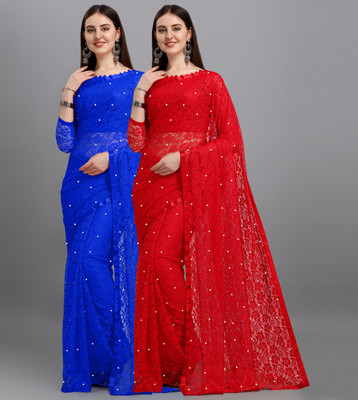 LOROFY Self Design Bollywood Net, Brasso Saree(Pack of 2, Red, Blue)