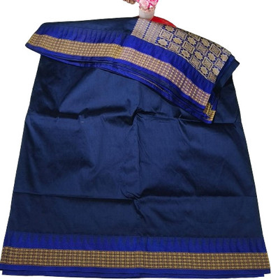 LYANNA Solid/Plain, Temple Border Sambalpuri Handloom Dupion Silk Saree(Dark Blue)