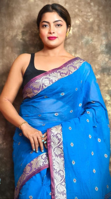 maa textile Woven, Self Design Tant Cotton Blend Saree(Blue)