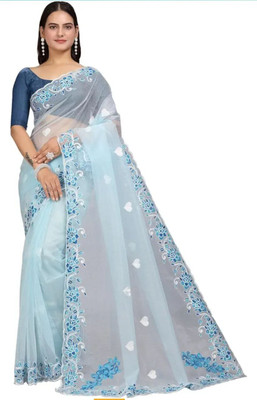 NIYANTAKSH Embroidered Bollywood Net Saree(Light Blue)