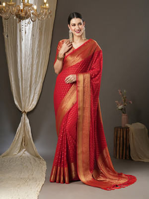 Divastri Woven, Embellished Kanjivaram Georgette Saree(Red)