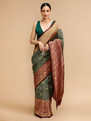 House of Pataudi Woven Daily Wear Silk Blend Saree(Dark Green, Gold, Red)