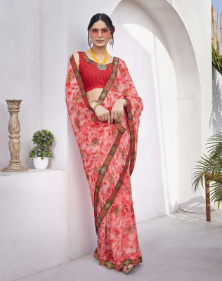 YASHIKA Printed Daily Wear Georgette, Lace Saree(Pink)