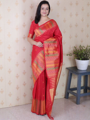 all about you Woven Daily Wear Silk Blend Saree(Red)