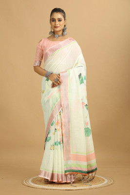 Premanand Digital Print Daily Wear Cotton Linen Saree(Cream)