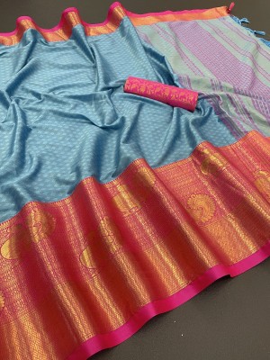 Dwini Woven Kanjivaram Silk Blend, Cotton Blend Saree(Light Blue, Pink)