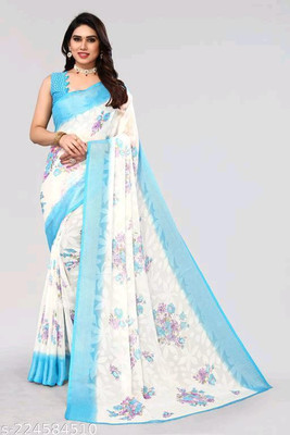 WILLMAKE Self Design, Color Block, Temple Border, Geometric Print, Striped, Woven, Solid/Plain Bollywood Jacquard, Art Silk Saree(White, Light Blue)