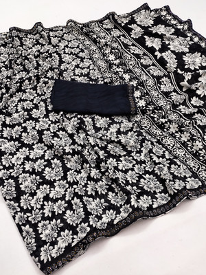 kashvi sarees Floral Print Bollywood Georgette, Lace Saree(Black)
