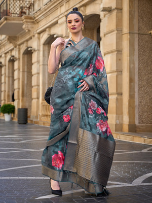 Divastri Floral Print Madurai Brasso Saree(Grey)