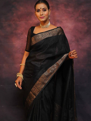 Shop Deals Printed, Solid/Plain Banarasi Silk Blend Saree(Black)