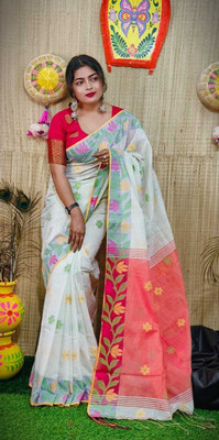 ADbutiq Self Design Tant Cotton Blend Saree(White)
