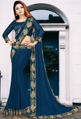 Anugrah Textile Solid/Plain Banarasi Lycra Blend, Chiffon Saree(Dark Blue)