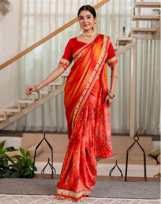 Satrani Printed, Embellished, Embroidered Bandhani Silk Blend Saree(Red)