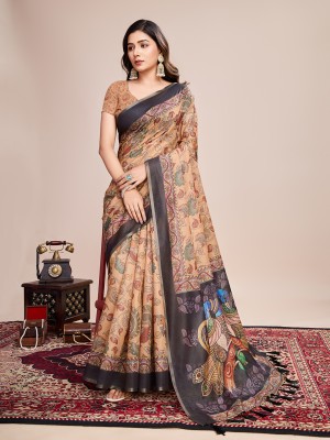 LEOSAGI Printed, Floral Print, Geometric Print Bollywood Cotton Blend Saree(Beige)