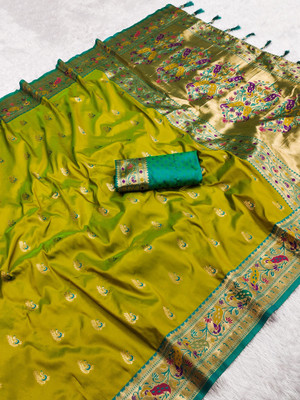 Pandadi Saree Woven Paithani Cotton Silk Saree(Light Green)