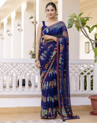 Divastri Printed Daily Wear Chiffon, Georgette Saree(Blue)
