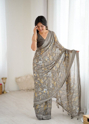 Shreekaara Floral Print Daily Wear Satin Saree(Grey)