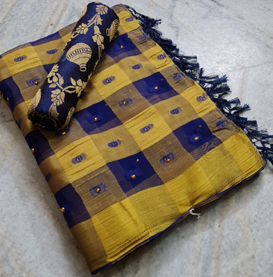 Stylish Sarees Woven, Checkered Banarasi Jacquard, Chiffon Saree(Blue, Cream)