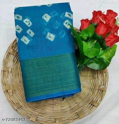 Grubstaker Printed Bandhani Cotton Linen Saree(Light Blue)