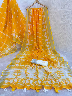 devashiri Printed Bollywood Cotton Linen Saree(Yellow)
