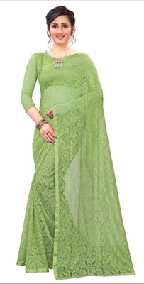 pridewear Self Design Bollywood Net Saree(Green)