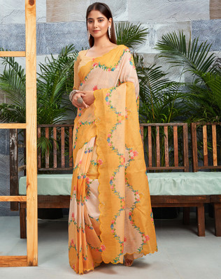 Divastri Floral Print, Embroidered Kota Doria Silk Blend Saree(Mustard, Yellow)