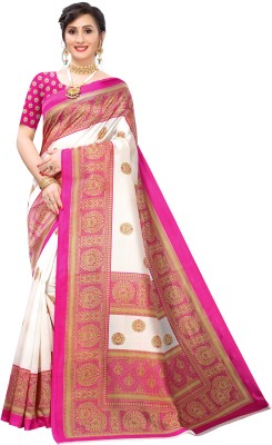 Aadvika Printed Kanjivaram Art Silk Saree(White, Pink)