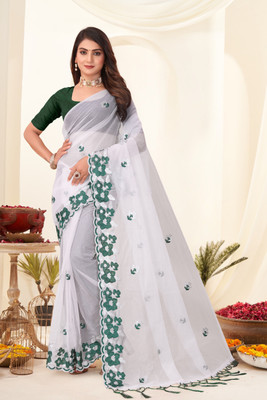ChamundaTrends Embroidered, Floral Print Bollywood Supernet Saree(White)