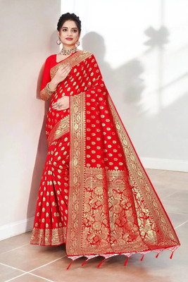 Pikham Self Design Banarasi Art Silk Saree(Red)