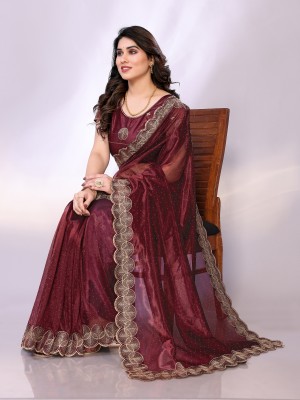 Tasrika Embellished, Embroidered Banarasi Organza Saree(Maroon)